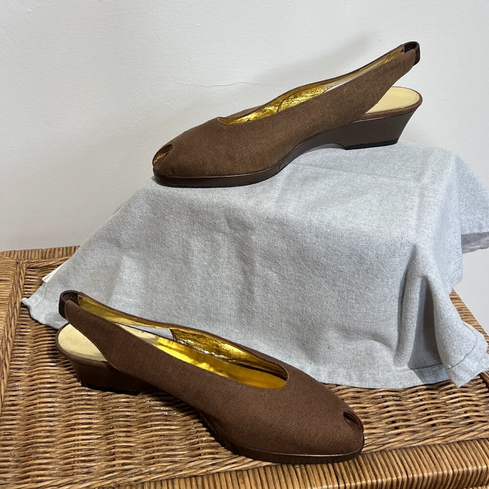 Vintage Paloma Brown Italian Leather Peep Toe Wedge Heel, Size 8